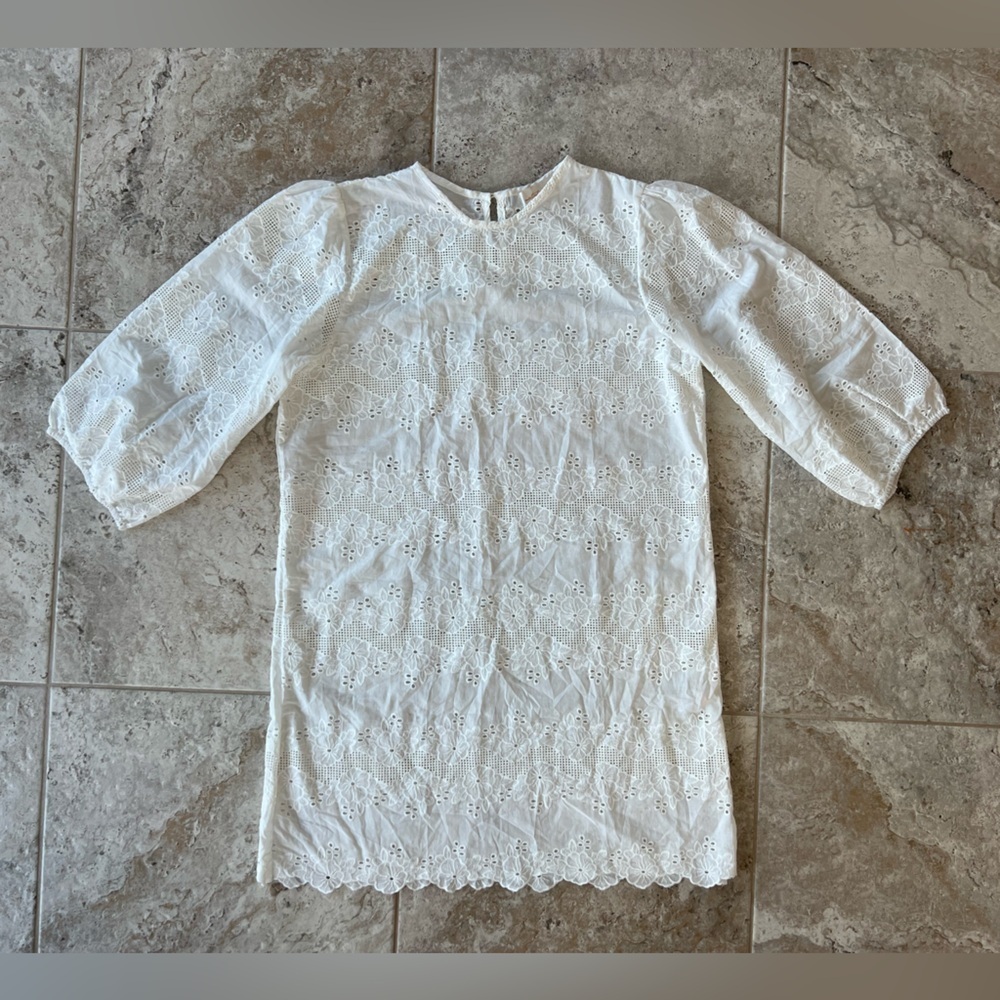Natalie Martin Lisa Cotton White Eyelet 3/4 Balloon Sleeves Crew Neck Dress, XL - Picture 12 of 12